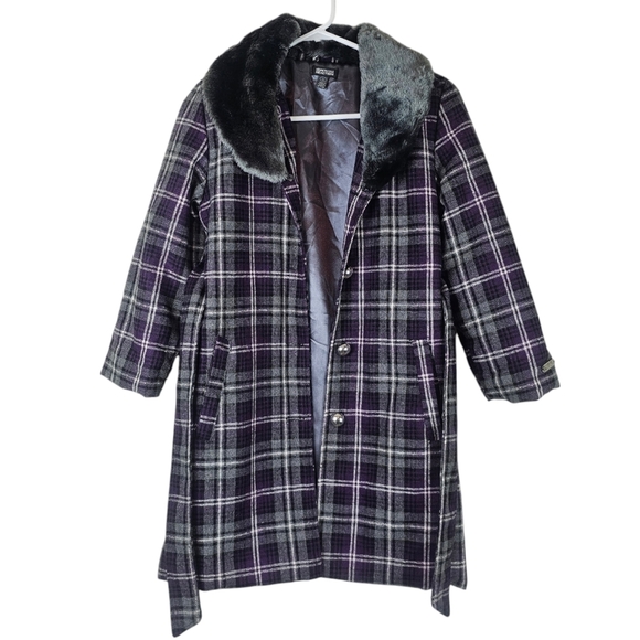 Kenneth Cole Reaction Plaid Coat with Faux Fur Collar Purple Gray Winter Warm - Picture 1 of 15